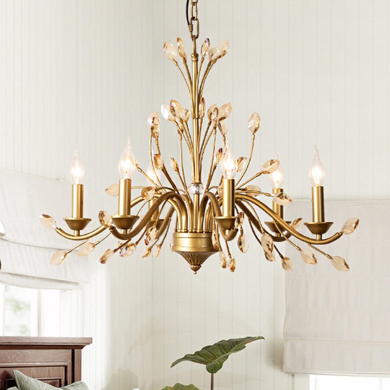Candlestick Bedroom Pendant Light Vintage Metal 6 Bulbs Gold Chandelier with Crystal Decor Gold Clearhalo 'Ceiling Lights' 'Chandeliers' Lighting' options 889078_dd1fbad8-c359-4bbc-bd8f-cb3e48e591c0