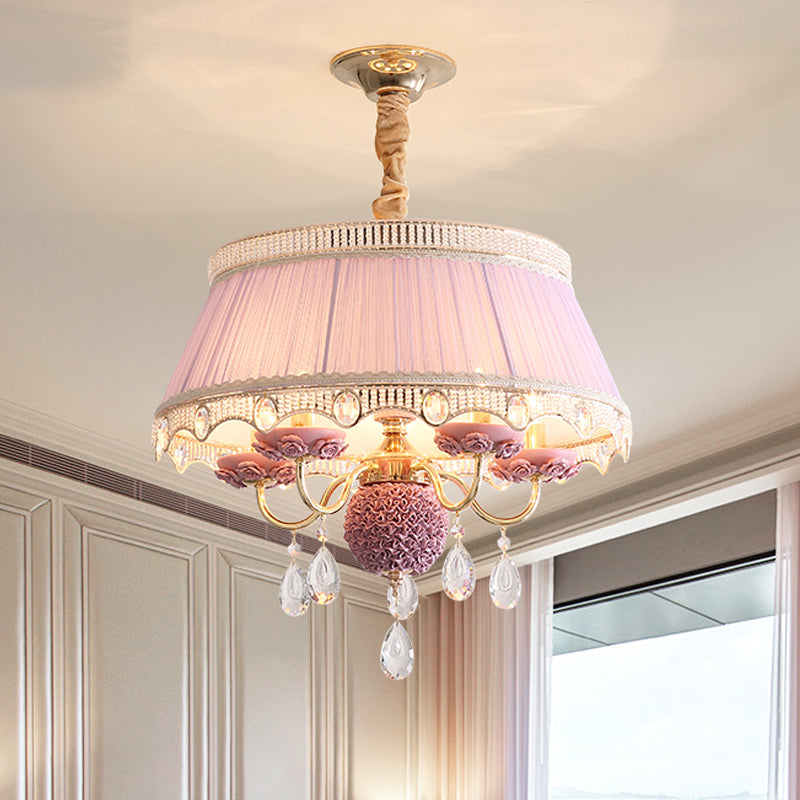 5 Bulbs Candlestick Hanging Light Pastoral Style Pink/Blue/Light-Beige Ceramic Chandelier with Pleated Lamp Shade Pink Clearhalo 'Ceiling Lights' 'Chandeliers' Lighting' options 889238_32f54419-bef0-4f13-bf09-a6ffbc876ba8