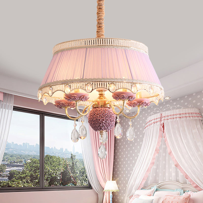 5 Bulbs Candlestick Hanging Light Pastoral Style Pink/Blue/Light-Beige Ceramic Chandelier with Pleated Lamp Shade Clearhalo 'Ceiling Lights' 'Chandeliers' Lighting' options 889239