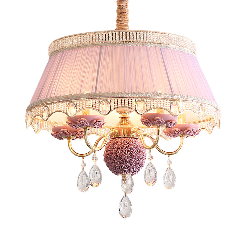 5 Bulbs Candlestick Hanging Light Pastoral Style Pink/Blue/Light-Beige Ceramic Chandelier with Pleated Lamp Shade Clearhalo 'Ceiling Lights' 'Chandeliers' Lighting' options 889240