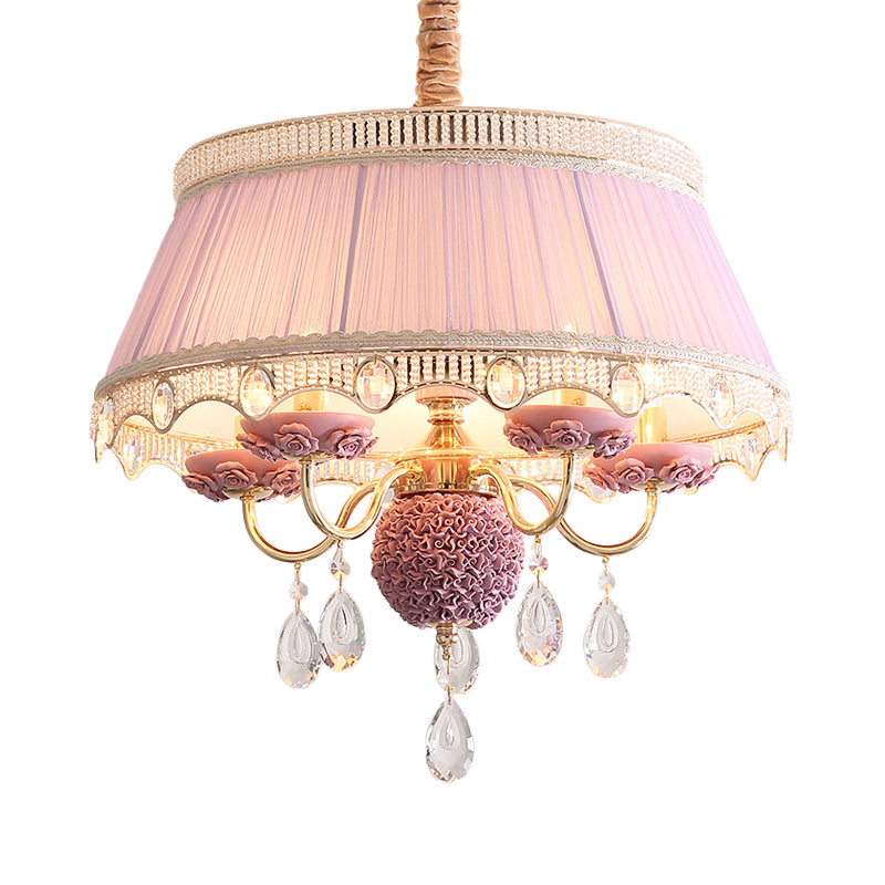5 Bulbs Candlestick Hanging Light Pastoral Style Pink/Blue/Light-Beige Ceramic Chandelier with Pleated Lamp Shade Clearhalo 'Ceiling Lights' 'Chandeliers' Lighting' options 889240