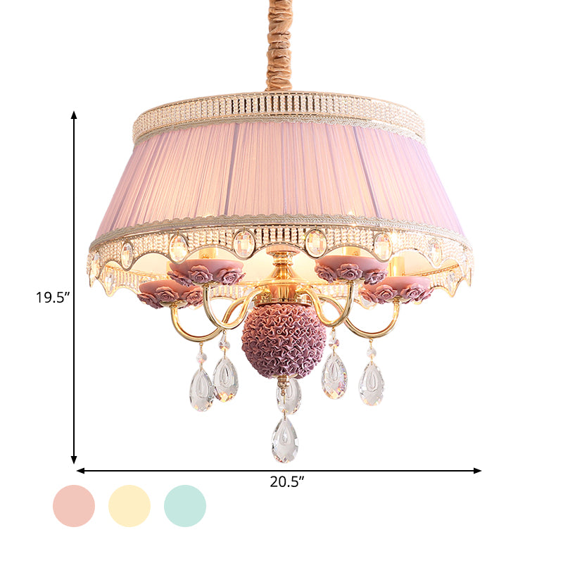 5 Bulbs Candlestick Hanging Light Pastoral Style Pink/Blue/Light-Beige Ceramic Chandelier with Pleated Lamp Shade Clearhalo 'Ceiling Lights' 'Chandeliers' Lighting' options 889241
