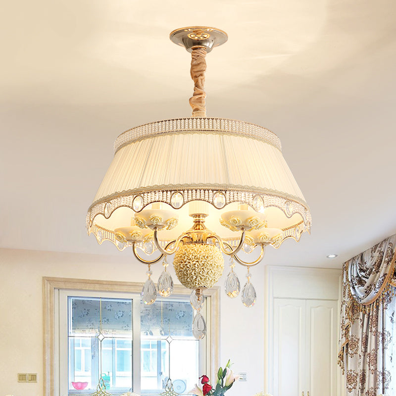 5 Bulbs Candlestick Hanging Light Pastoral Style Pink/Blue/Light-Beige Ceramic Chandelier with Pleated Lamp Shade Clearhalo 'Ceiling Lights' 'Chandeliers' Lighting' options 889243