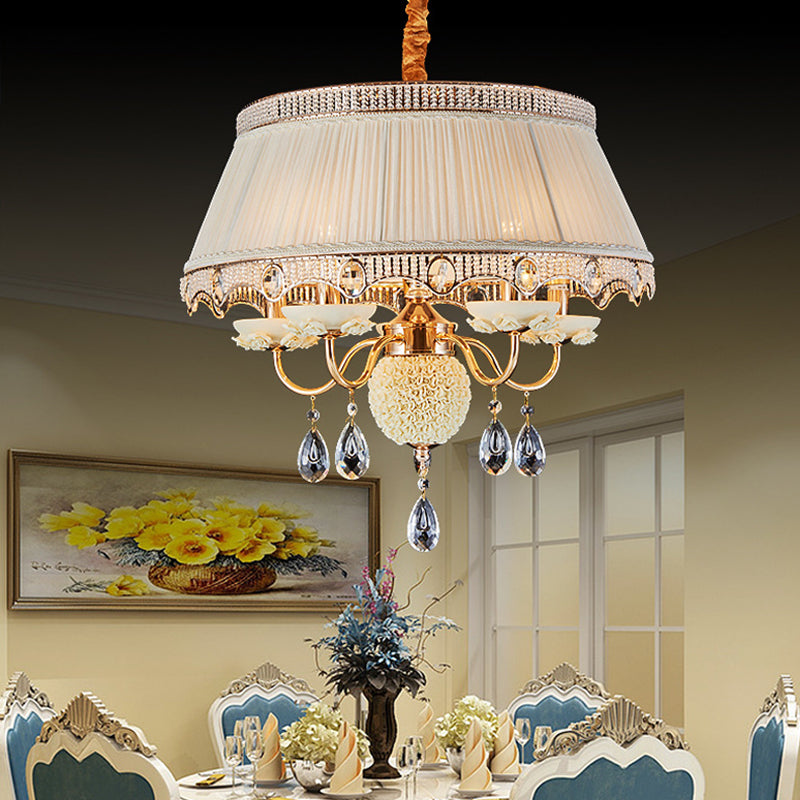 5 Bulbs Candlestick Hanging Light Pastoral Style Pink/Blue/Light-Beige Ceramic Chandelier with Pleated Lamp Shade Clearhalo 'Ceiling Lights' 'Chandeliers' Lighting' options 889244