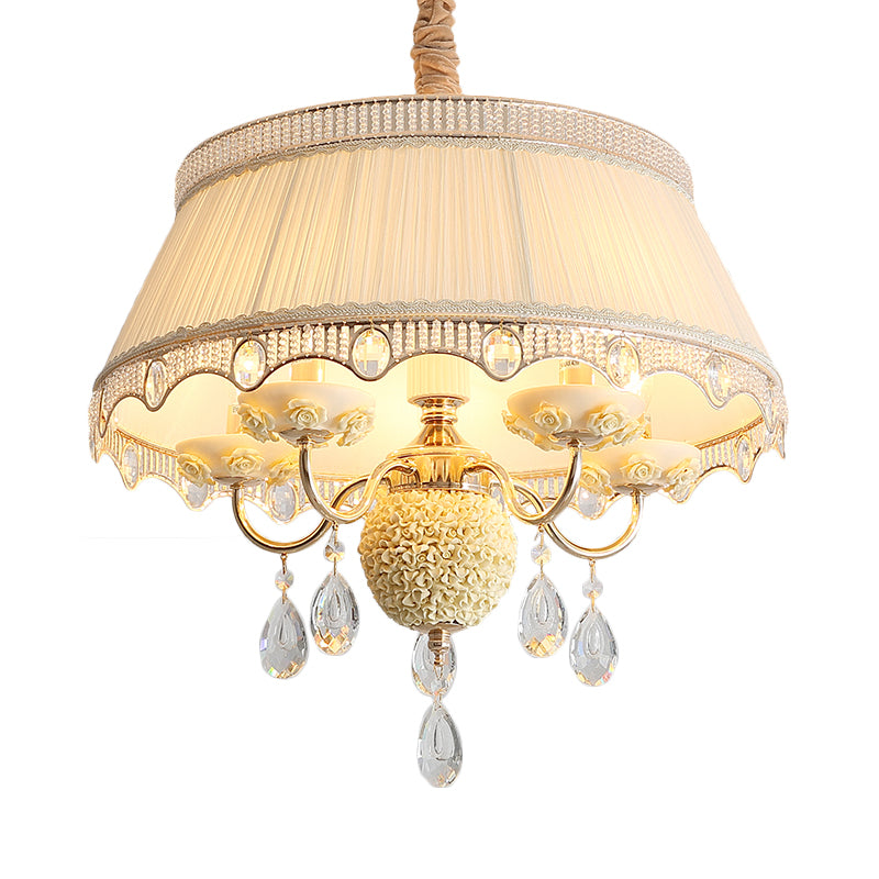 5 Bulbs Candlestick Hanging Light Pastoral Style Pink/Blue/Light-Beige Ceramic Chandelier with Pleated Lamp Shade Clearhalo 'Ceiling Lights' 'Chandeliers' Lighting' options 889245
