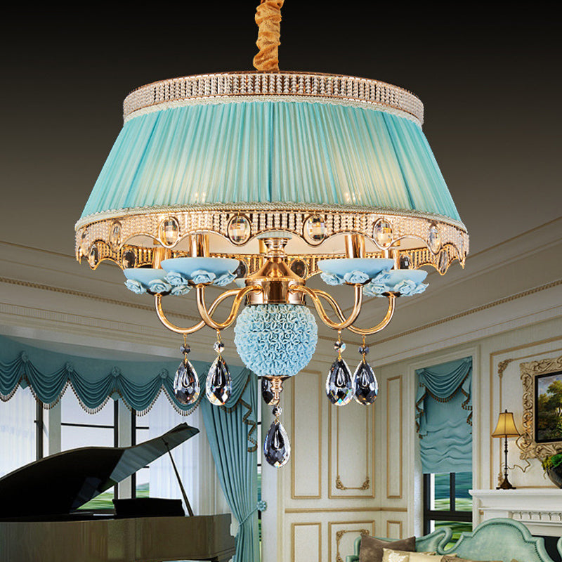 5 Bulbs Candlestick Hanging Light Pastoral Style Pink/Blue/Light-Beige Ceramic Chandelier with Pleated Lamp Shade Blue Clearhalo 'Ceiling Lights' 'Chandeliers' Lighting' options 889246_43477b84-4fb4-4065-b4dd-f569fb1b32d3