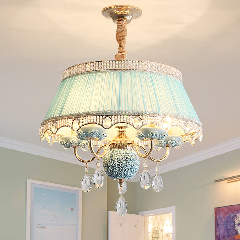 5 Bulbs Candlestick Hanging Light Pastoral Style Pink/Blue/Light-Beige Ceramic Chandelier with Pleated Lamp Shade Clearhalo 'Ceiling Lights' 'Chandeliers' Lighting' options 889247
