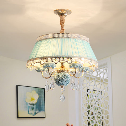 5 Bulbs Candlestick Hanging Light Pastoral Style Pink/Blue/Light-Beige Ceramic Chandelier with Pleated Lamp Shade Clearhalo 'Ceiling Lights' 'Chandeliers' Lighting' options 889248