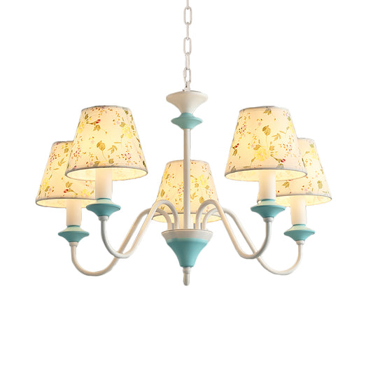 5 Lights Chandelier Pendant Pastoral Conical Printed Fabric Suspended Lighting Fixture in Blue Clearhalo 'Ceiling Lights' 'Chandeliers' Lighting' options 889252