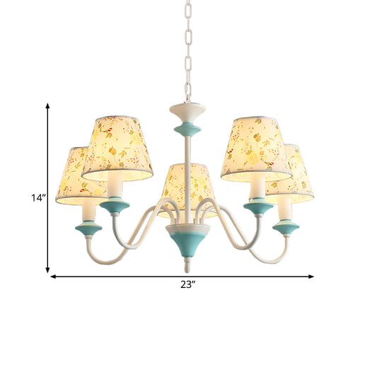 5 Lights Chandelier Pendant Pastoral Conical Printed Fabric Suspended Lighting Fixture in Blue Clearhalo 'Ceiling Lights' 'Chandeliers' Lighting' options 889253
