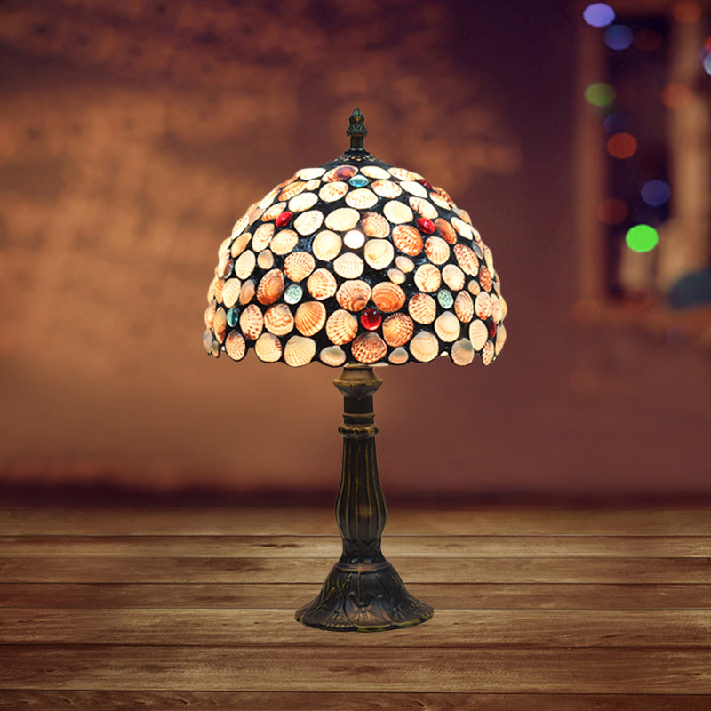 8"/12" Wide 1 Light Bowl Shaped Table Lighting Tiffany Style Bronze Shell Nightstand Lamp for Bedroom Clearhalo 'Lamps' 'Table Lamps' Lighting' 889255