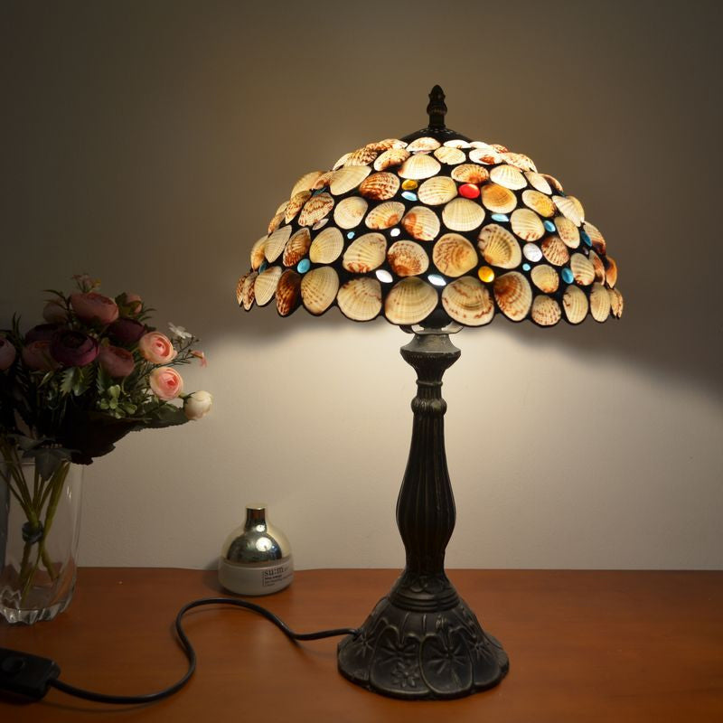 8"/12" Wide 1 Light Bowl Shaped Table Lighting Tiffany Style Bronze Shell Nightstand Lamp for Bedroom Bronze 12" Clearhalo 'Lamps' 'Table Lamps' Lighting' 889258