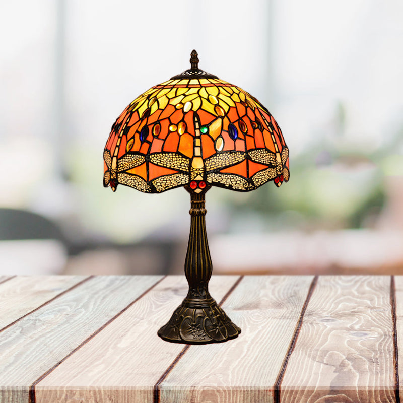 Dragonfly Table Light 1-Head Stained Art Glass Tiffany Night Lamp in White/Yellow/Orange for Living Room Orange Clearhalo 'Lamps' 'Table Lamps' Lighting' 889283