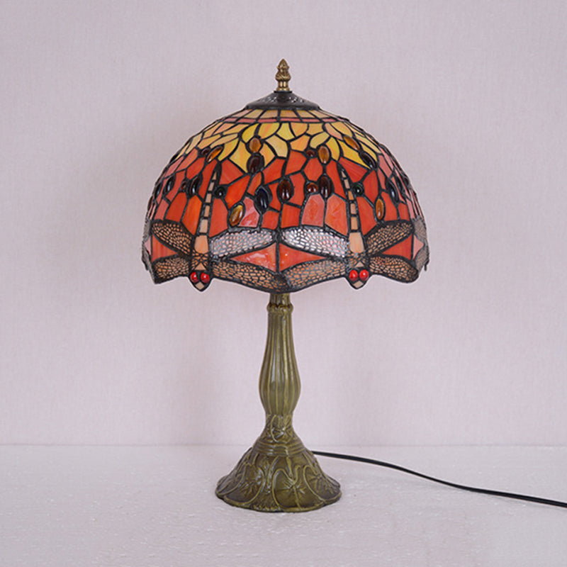 Dragonfly Table Light 1-Head Stained Art Glass Tiffany Night Lamp in White/Yellow/Orange for Living Room Clearhalo 'Lamps' 'Table Lamps' Lighting' 889285