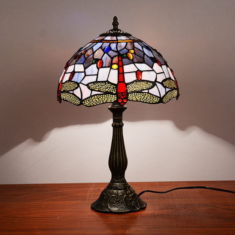 Dragonfly Table Light 1-Head Stained Art Glass Tiffany Night Lamp in White/Yellow/Orange for Living Room White Clearhalo 'Lamps' 'Table Lamps' Lighting' 889287