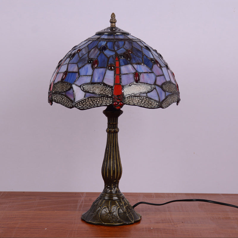 Dragonfly Table Light 1-Head Stained Art Glass Tiffany Night Lamp in White/Yellow/Orange for Living Room Clearhalo 'Lamps' 'Table Lamps' Lighting' 889288