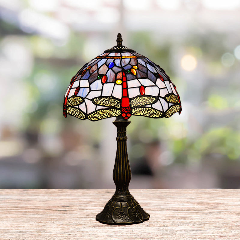 Dragonfly Table Light 1-Head Stained Art Glass Tiffany Night Lamp in White/Yellow/Orange for Living Room Clearhalo 'Lamps' 'Table Lamps' Lighting' 889289