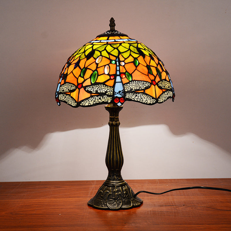 Dragonfly Table Light 1-Head Stained Art Glass Tiffany Night Lamp in White/Yellow/Orange for Living Room Yellow Clearhalo 'Lamps' 'Table Lamps' Lighting' 889291