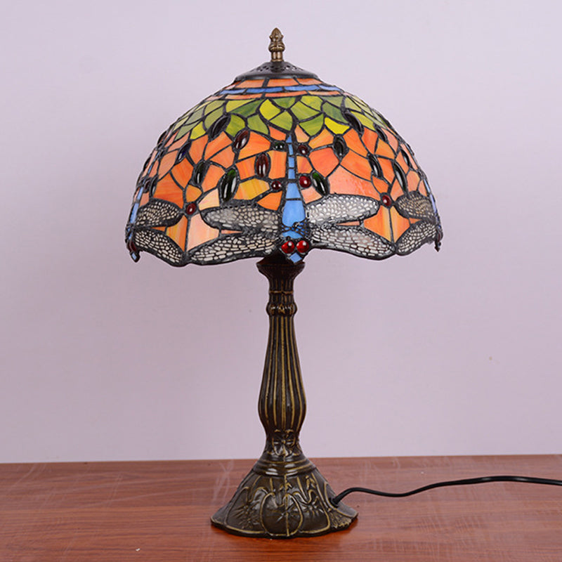 Dragonfly Table Light 1-Head Stained Art Glass Tiffany Night Lamp in White/Yellow/Orange for Living Room Clearhalo 'Lamps' 'Table Lamps' Lighting' 889292