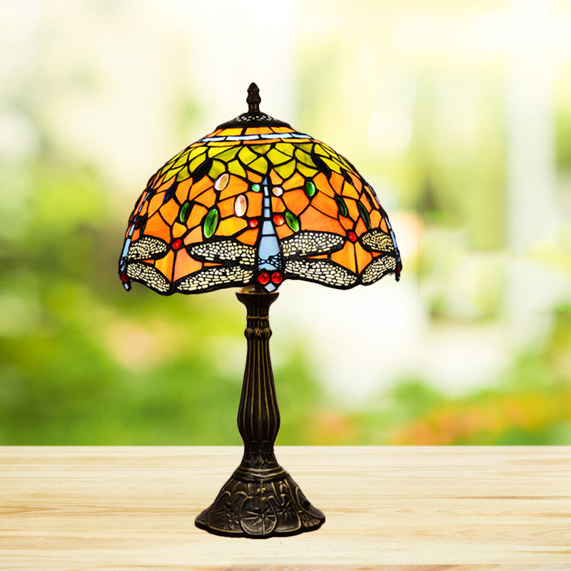 Dragonfly Table Light 1-Head Stained Art Glass Tiffany Night Lamp in White/Yellow/Orange for Living Room Clearhalo 'Lamps' 'Table Lamps' Lighting' 889293