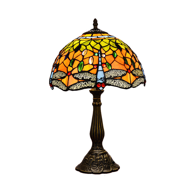 Dragonfly Table Light 1-Head Stained Art Glass Tiffany Night Lamp in White/Yellow/Orange for Living Room Clearhalo 'Lamps' 'Table Lamps' Lighting' 889294