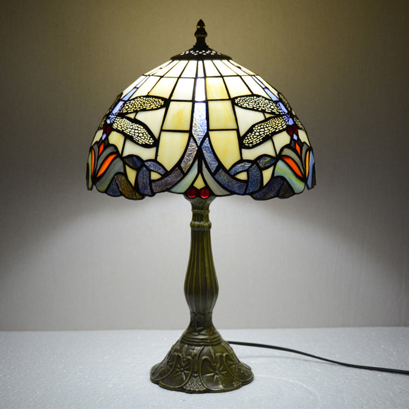 Hand-Cut Glass Bronze Night Light Dragonfly On Flower 1 Bulb Tiffany Table Lamp for Bedside Bronze Clearhalo 'Lamps' 'Table Lamps' Lighting' 889295