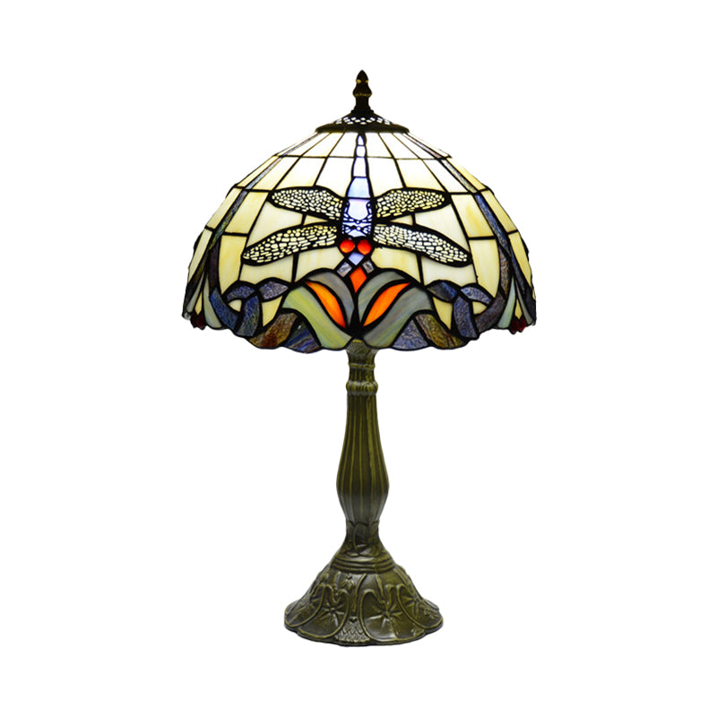Hand-Cut Glass Bronze Night Light Dragonfly On Flower 1 Bulb Tiffany Table Lamp for Bedside Clearhalo 'Lamps' 'Table Lamps' Lighting' 889297