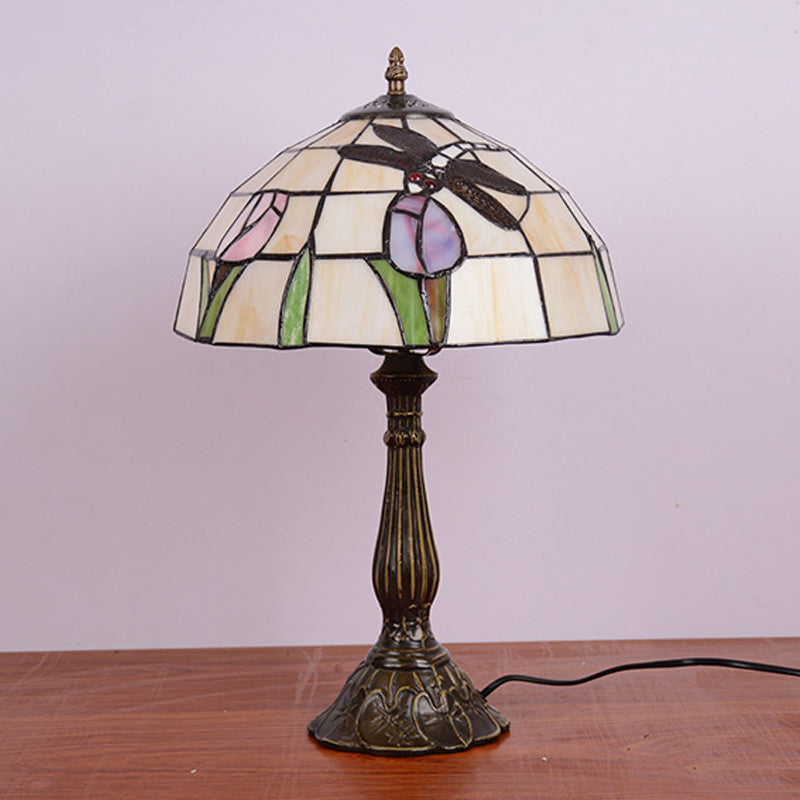 1-Light Nightstand Lamp Tiffany Dragonfly on Rose Orange/Pink/Beige Table Lighting with Bowl Shade Clearhalo 'Lamps' 'Table Lamps' Lighting' 889308