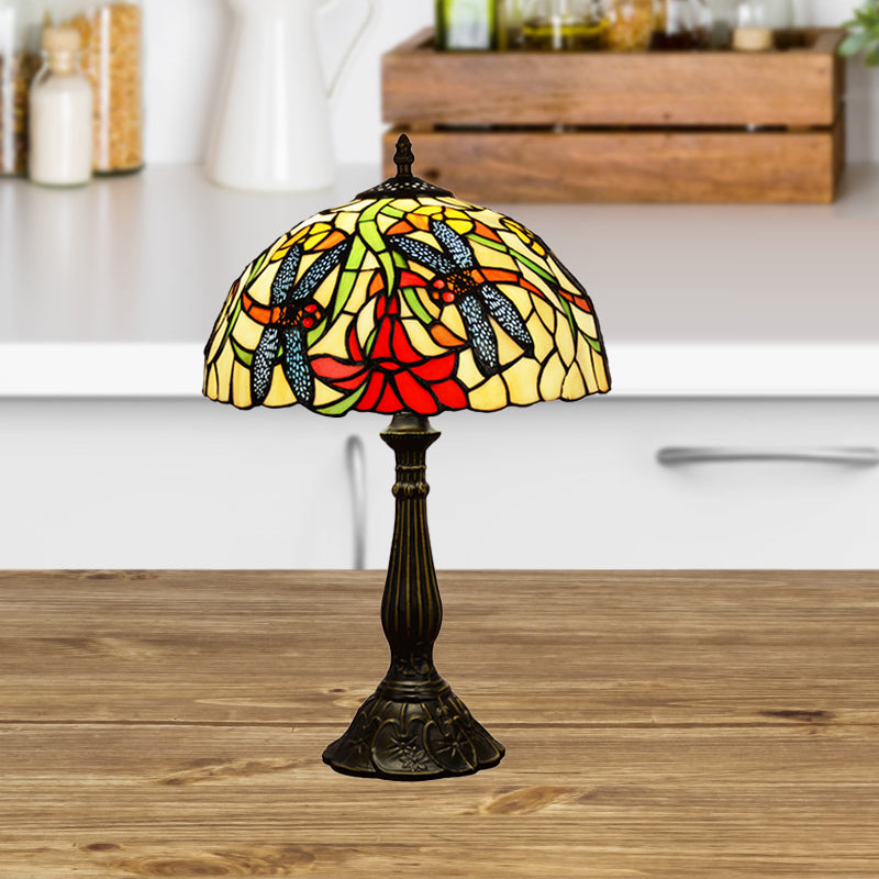 Dragonflies and Flower Table Light Tiffany Stained Glass 1 Head Bronze Nightstand Lamp Clearhalo 'Lamps' 'Table Lamps' Lighting' 889312