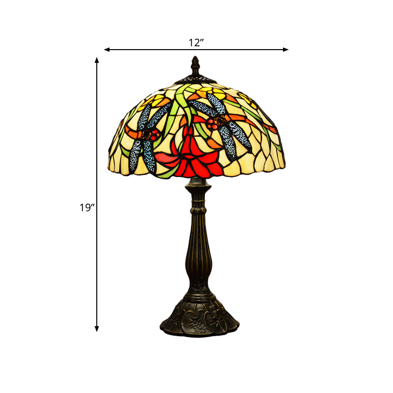 Dragonflies and Flower Table Light Tiffany Stained Glass 1 Head Bronze Nightstand Lamp Clearhalo 'Lamps' 'Table Lamps' Lighting' 889314