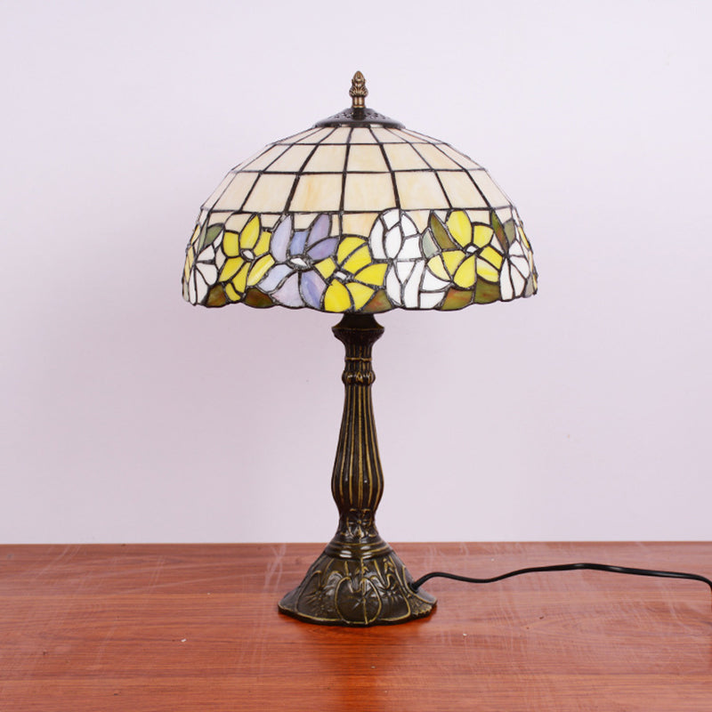 Bronze Gridded Bowl Shade Night Lamp Tiffany 1 Bulb Cut Glass Table Lighting with Flower-Border Clearhalo 'Lamps' 'Table Lamps' Lighting' 889316