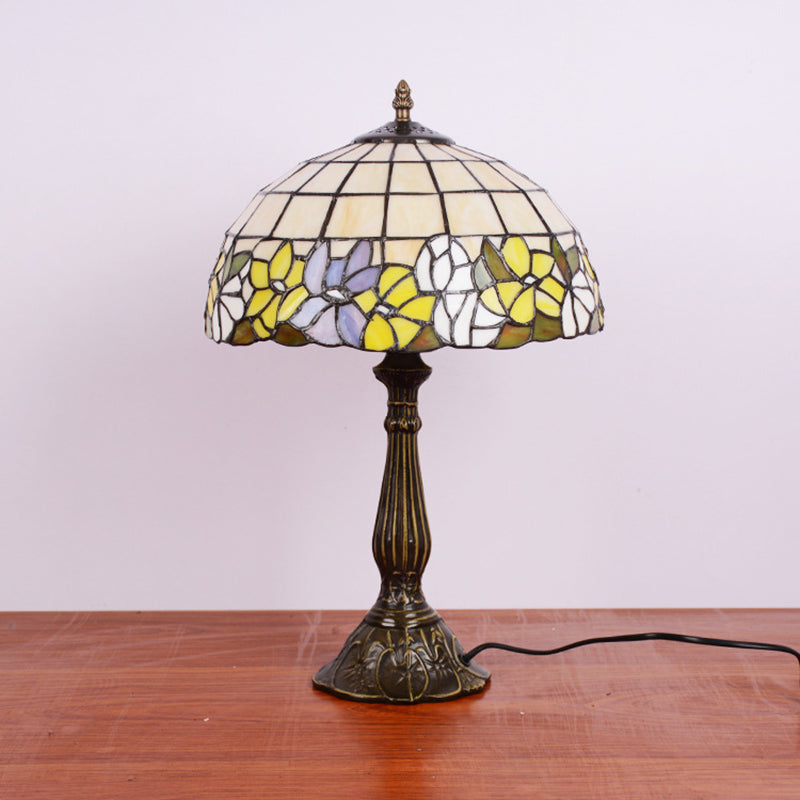 Bronze Gridded Bowl Shade Night Lamp Tiffany 1 Bulb Cut Glass Table Lighting with Flower-Border Clearhalo 'Lamps' 'Table Lamps' Lighting' 889316