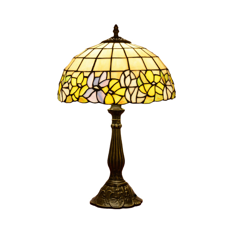Bronze Gridded Bowl Shade Night Lamp Tiffany 1 Bulb Cut Glass Table Lighting with Flower-Border Clearhalo 'Lamps' 'Table Lamps' Lighting' 889317