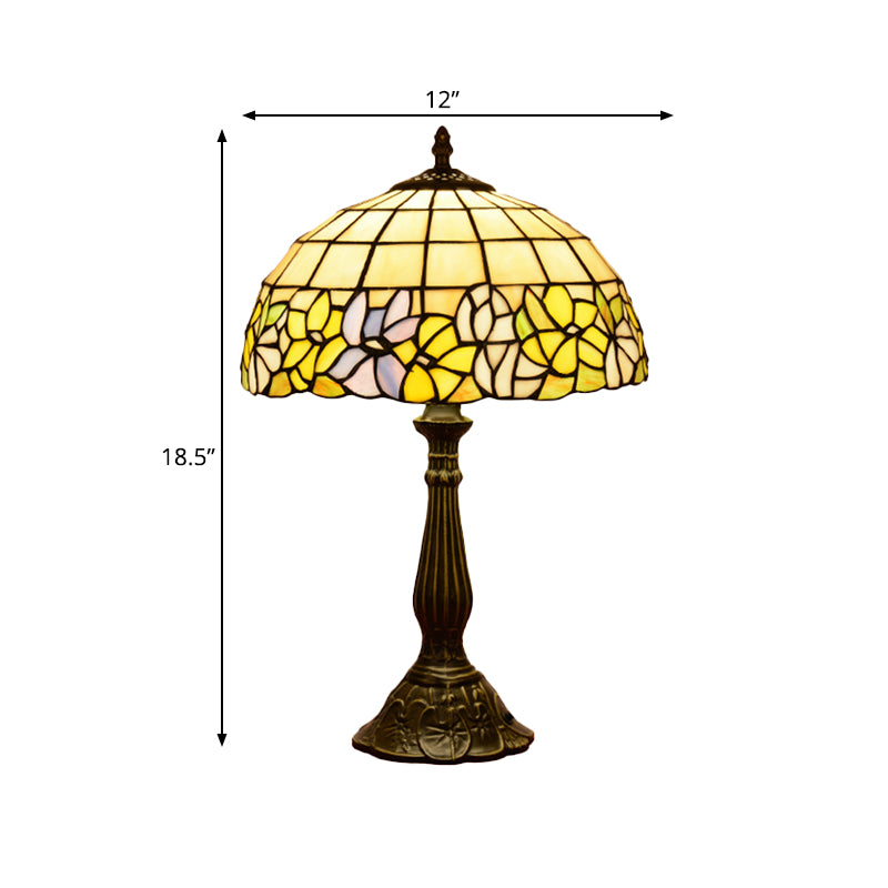 Bronze Gridded Bowl Shade Night Lamp Tiffany 1 Bulb Cut Glass Table Lighting with Flower-Border Clearhalo 'Lamps' 'Table Lamps' Lighting' 889318