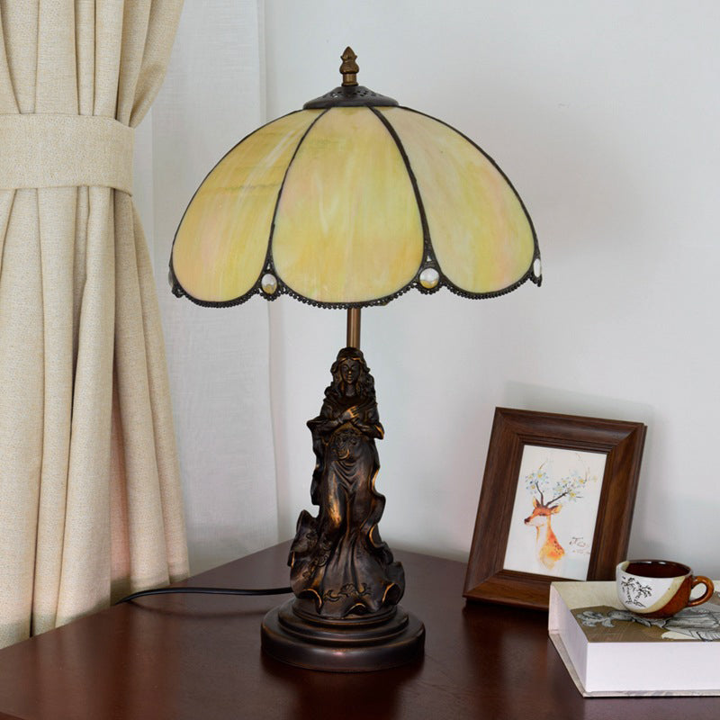 Baroque Petals Nightstand Lamp Single-Bulb Yellow Glass Table Lighting with Carved Lady Base Yellow Clearhalo 'Lamps' 'Table Lamps' Lighting' 889371