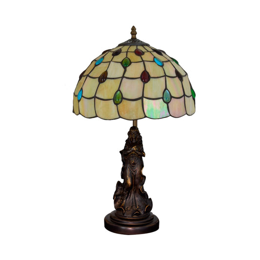 Cabochons-Embellished Grid Night Light 1-Light White/Beige Glass Tiffany Table Lamp with Angel Decor Clearhalo 'Lamps' 'Table Lamps' Lighting' 889377