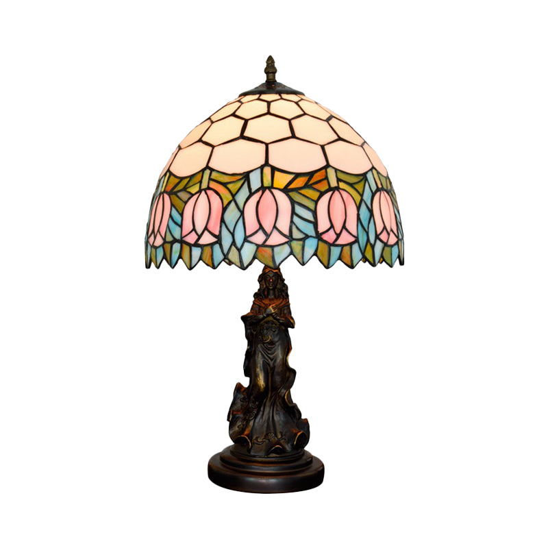 1 Bulb Honeycomb Shade Table Light Tiffany Bronze Stained Glass Nightstand Lamp with Rose Edge and Angel Base Clearhalo 'Lamps' 'Table Lamps' Lighting' 889404