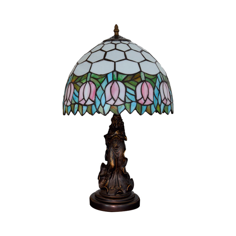 1 Bulb Honeycomb Shade Table Light Tiffany Bronze Stained Glass Nightstand Lamp with Rose Edge and Angel Base Clearhalo 'Lamps' 'Table Lamps' Lighting' 889405