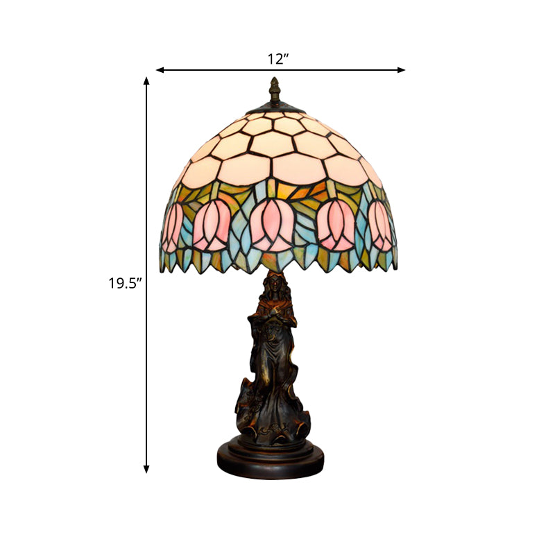 1 Bulb Honeycomb Shade Table Light Tiffany Bronze Stained Glass Nightstand Lamp with Rose Edge and Angel Base Clearhalo 'Lamps' 'Table Lamps' Lighting' 889406