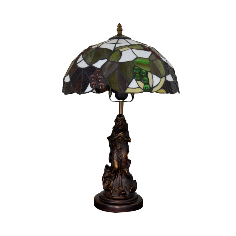 Tiffany Glass Grapes Table Lamp Baroque 1-Bulb Brown/Green/White-Brown Night Stand Light with Girl Base Clearhalo 'Lamps' 'Table Lamps' Lighting' 889417