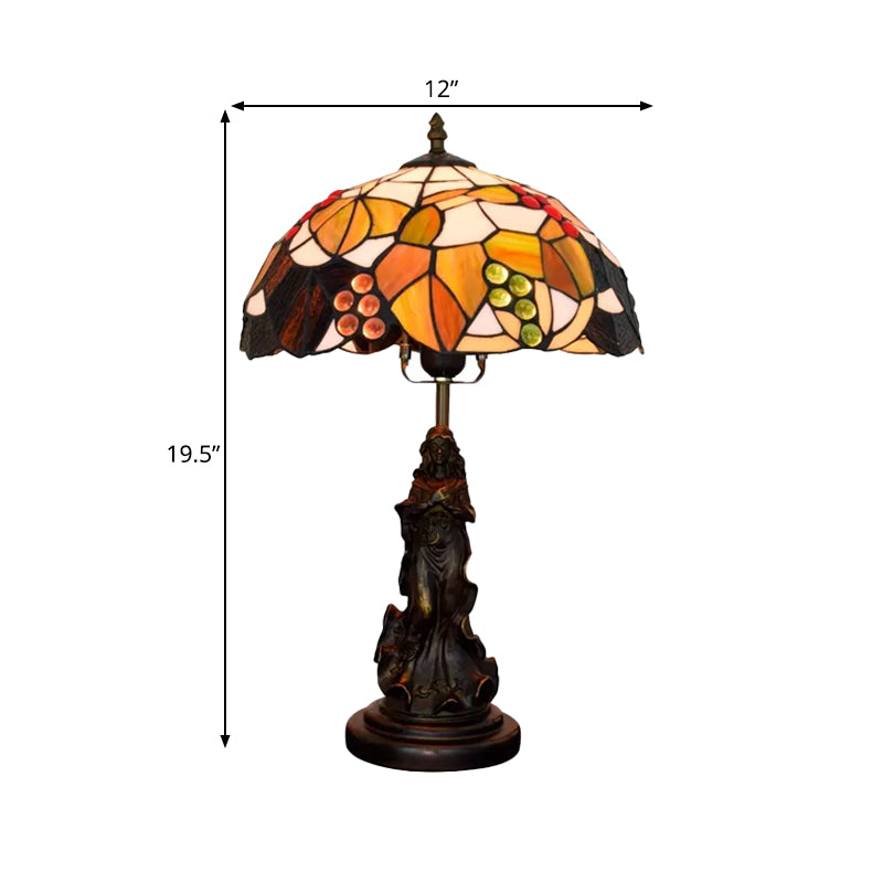 Tiffany Glass Grapes Table Lamp Baroque 1-Bulb Brown/Green/White-Brown Night Stand Light with Girl Base Clearhalo 'Lamps' 'Table Lamps' Lighting' 889418
