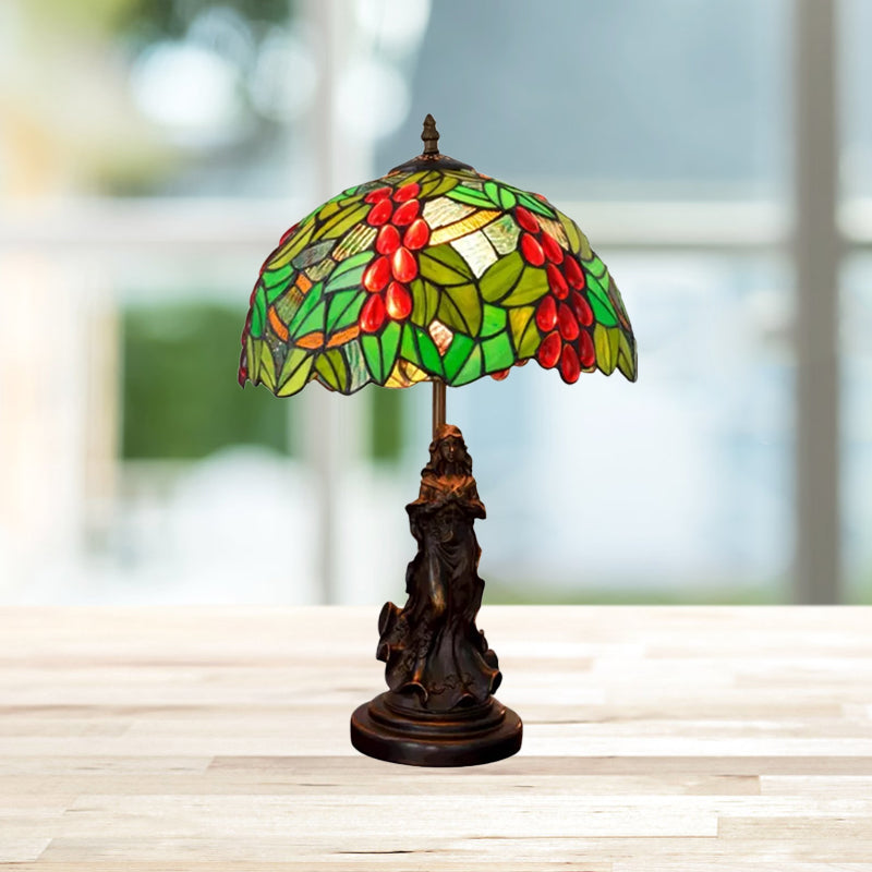 Tiffany Glass Grapes Table Lamp Baroque 1-Bulb Brown/Green/White-Brown Night Stand Light with Girl Base Clearhalo 'Lamps' 'Table Lamps' Lighting' 889420