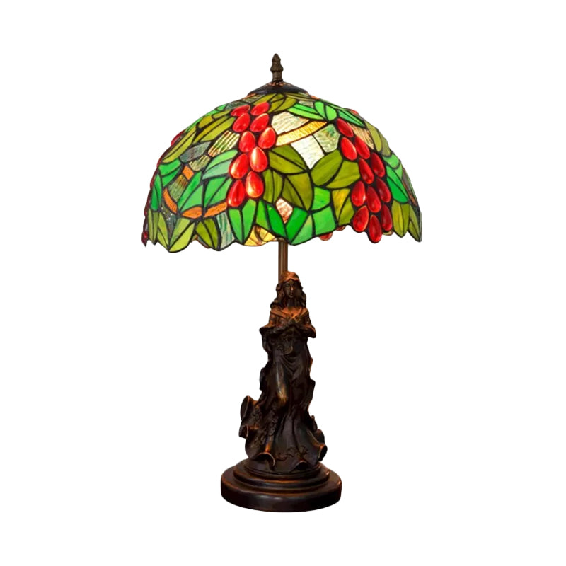 Tiffany Glass Grapes Table Lamp Baroque 1-Bulb Brown/Green/White-Brown Night Stand Light with Girl Base Clearhalo 'Lamps' 'Table Lamps' Lighting' 889421