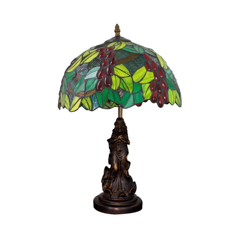 Tiffany Glass Grapes Table Lamp Baroque 1-Bulb Brown/Green/White-Brown Night Stand Light with Girl Base Clearhalo 'Lamps' 'Table Lamps' Lighting' 889422