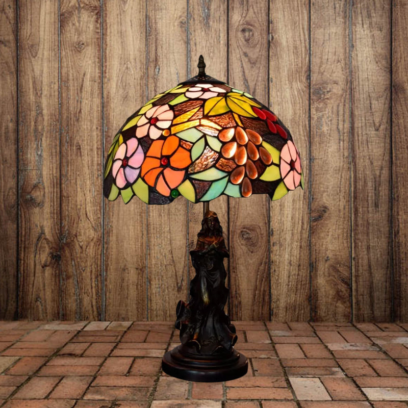 Tiffany Glass Grapes Table Lamp Baroque 1-Bulb Brown/Green/White-Brown Night Stand Light with Girl Base Brown Clearhalo 'Lamps' 'Table Lamps' Lighting' 889423