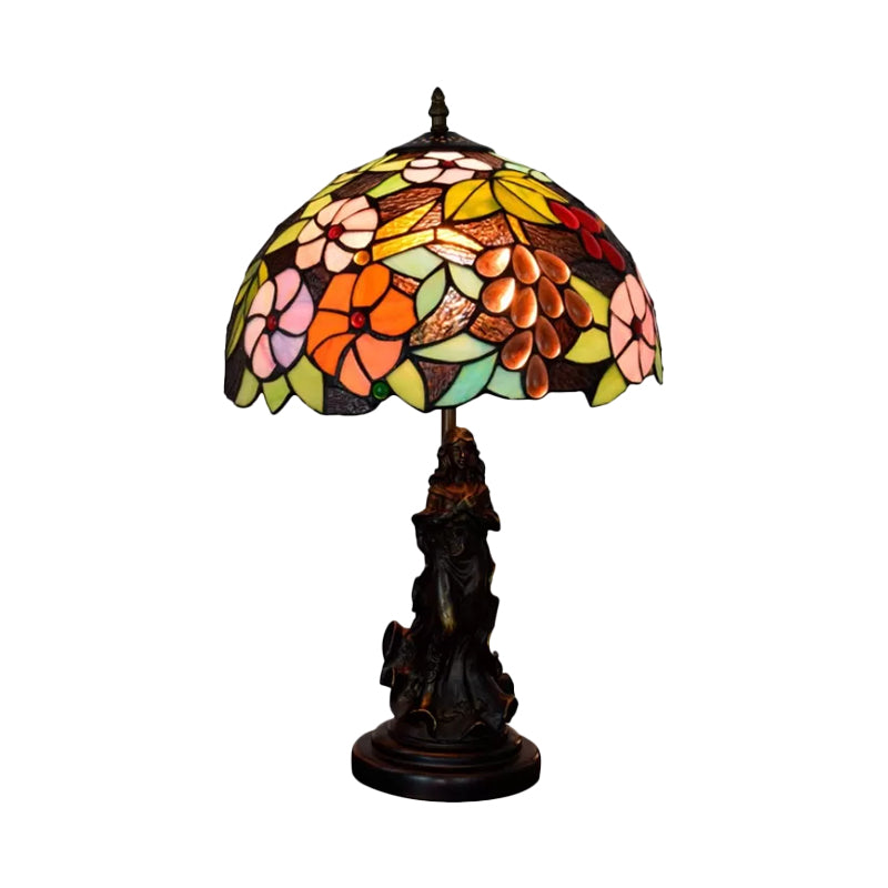 Tiffany Glass Grapes Table Lamp Baroque 1-Bulb Brown/Green/White-Brown Night Stand Light with Girl Base Clearhalo 'Lamps' 'Table Lamps' Lighting' 889425