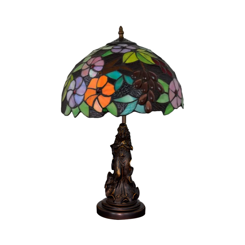 Tiffany Glass Grapes Table Lamp Baroque 1-Bulb Brown/Green/White-Brown Night Stand Light with Girl Base Clearhalo 'Lamps' 'Table Lamps' Lighting' 889426