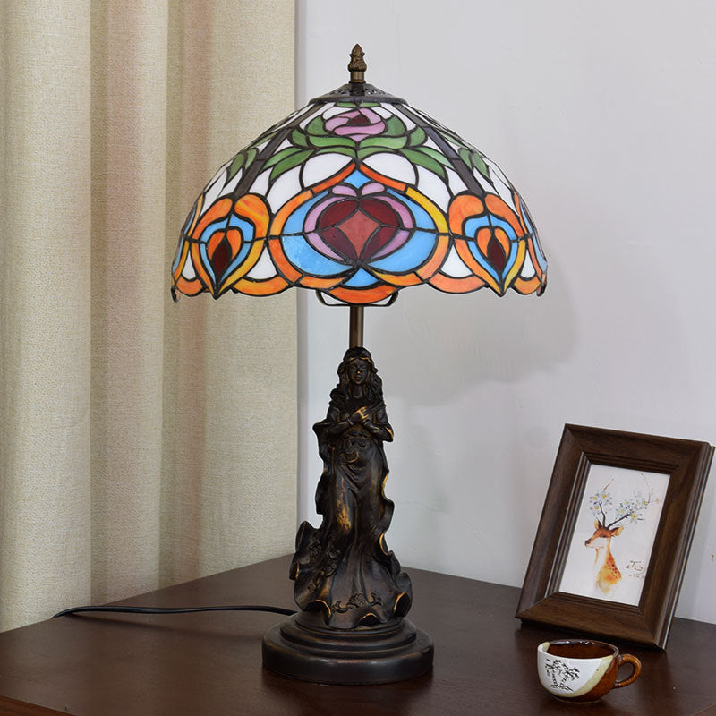 Carved Angel Resin Night Lamp Victorian 1-Light Bronze Table Lighting with Peach Patterned Art Glass Shade Bronze Clearhalo 'Lamps' 'Table Lamps' Lighting' 889427