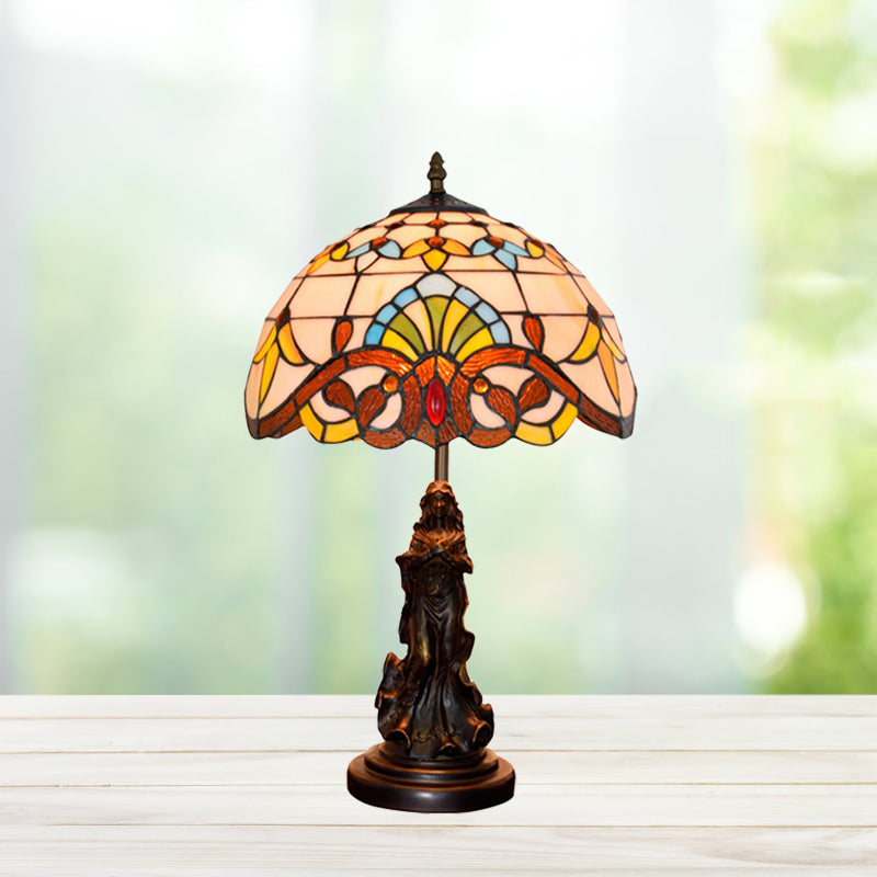Beige/Blue Stained Glass Dome Table Light Tiffany Style 1 Bulb Bronze Nightstand Lamp with Angel Decoration Beige Clearhalo 'Lamps' 'Table Lamps' Lighting' 889431