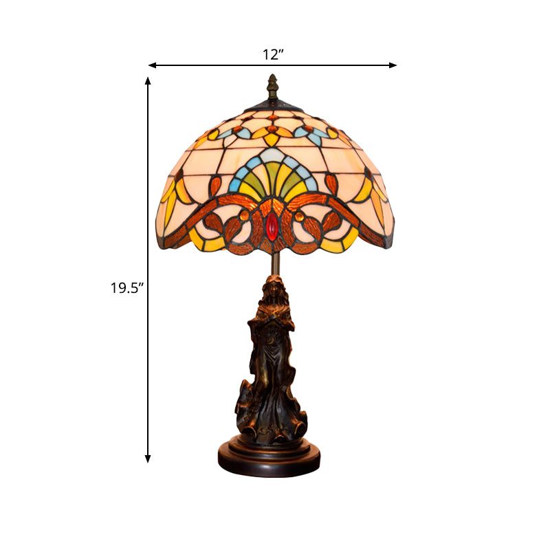 Beige/Blue Stained Glass Dome Table Light Tiffany Style 1 Bulb Bronze Nightstand Lamp with Angel Decoration Clearhalo 'Lamps' 'Table Lamps' Lighting' 889434